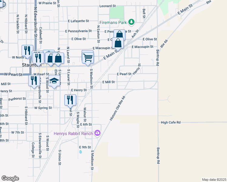 map of restaurants, bars, coffee shops, grocery stores, and more near 716 East Henry Street in Staunton