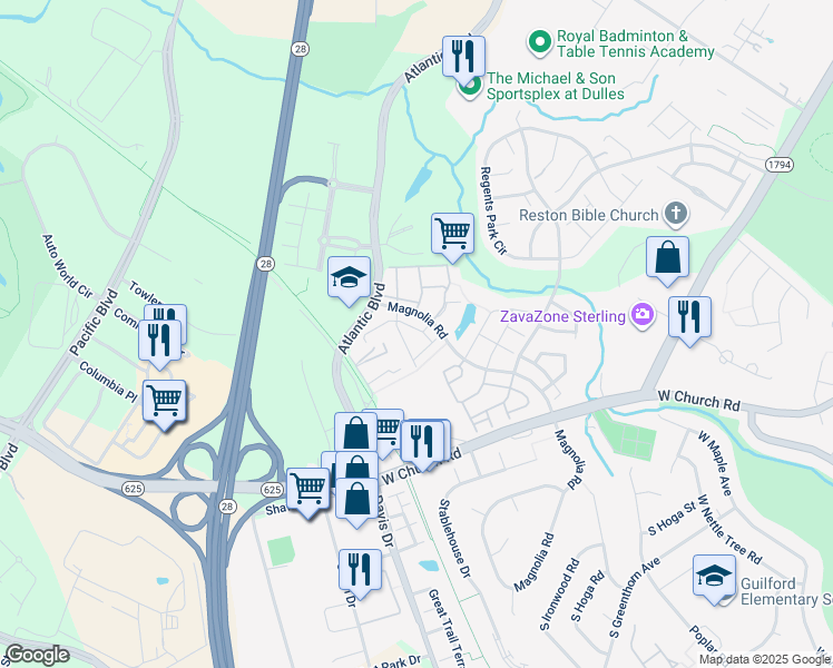 map of restaurants, bars, coffee shops, grocery stores, and more near 45485 Baggett Terrace in Sterling