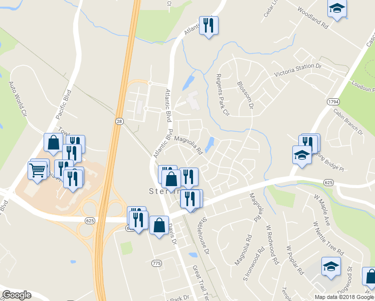 map of restaurants, bars, coffee shops, grocery stores, and more near 45485 Baggett Terrace in Sterling