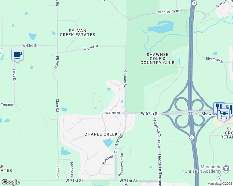 map of restaurants, bars, coffee shops, grocery stores, and more near 6532 Barth Road in Shawnee