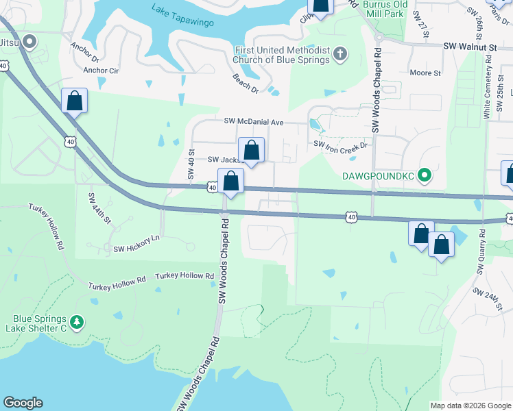 map of restaurants, bars, coffee shops, grocery stores, and more near 3735 U.S. 40 in Blue Springs