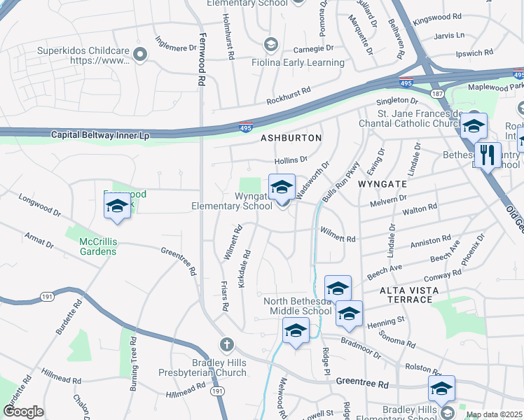map of restaurants, bars, coffee shops, grocery stores, and more near 9207 Kirkdale Road in Bethesda