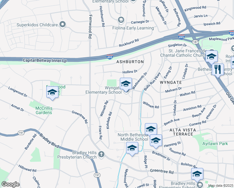 map of restaurants, bars, coffee shops, grocery stores, and more near 9207 Kirkdale Road in Bethesda
