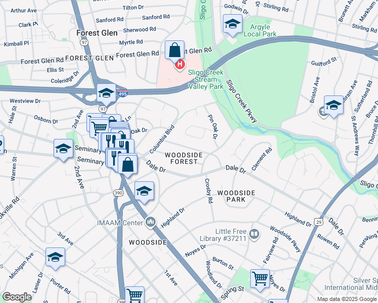 map of restaurants, bars, coffee shops, grocery stores, and more near 1514 Red Oak Drive in Silver Spring