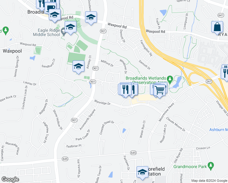 map of restaurants, bars, coffee shops, grocery stores, and more near 21958 Windy Oaks Square in Broadlands