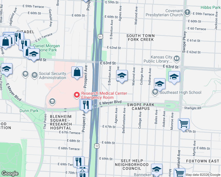 map of restaurants, bars, coffee shops, grocery stores, and more near 6441 South Benton Avenue in Kansas City