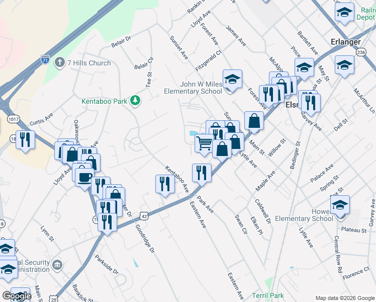 map of restaurants, bars, coffee shops, grocery stores, and more near 24 Kentaboo Avenue in Erlanger