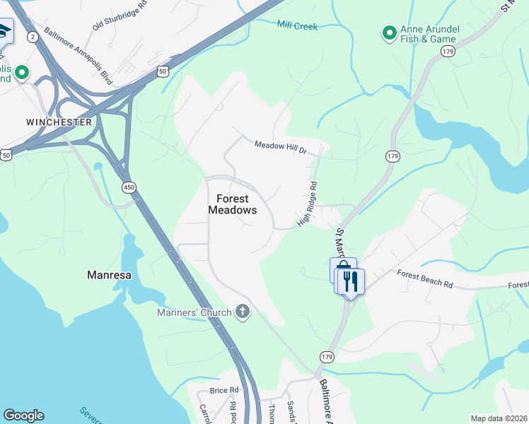 map of restaurants, bars, coffee shops, grocery stores, and more near 221 Meadow Gate Drive in Annapolis