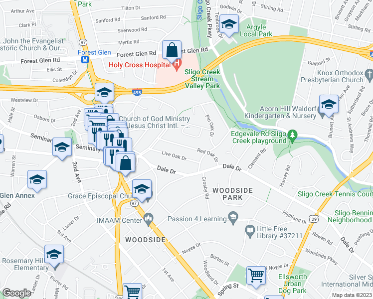 map of restaurants, bars, coffee shops, grocery stores, and more near 1514 Red Oak Drive in Silver Spring
