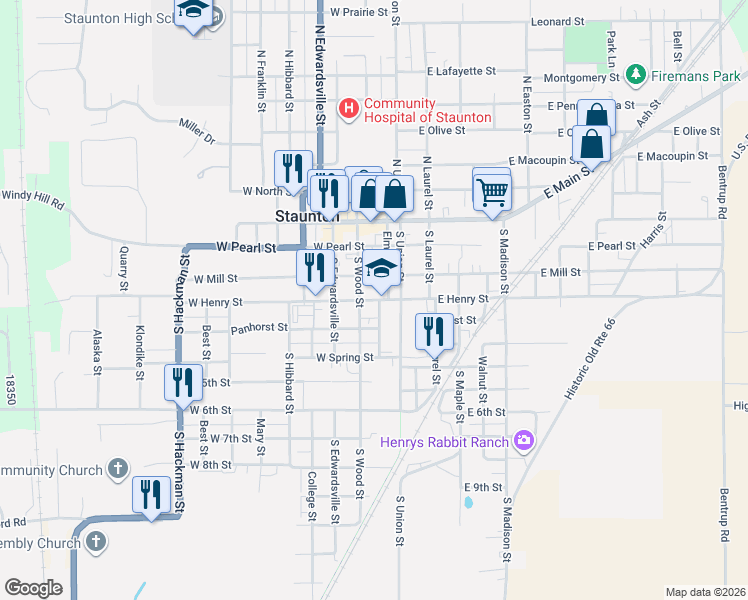 map of restaurants, bars, coffee shops, grocery stores, and more near 220 W Henry St in Staunton