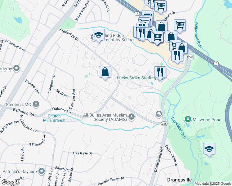 map of restaurants, bars, coffee shops, grocery stores, and more near 21909 Myrtlewood Square in Sterling