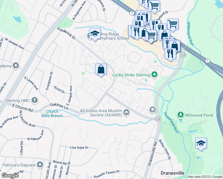 map of restaurants, bars, coffee shops, grocery stores, and more near 21909 Myrtlewood Square in Sterling