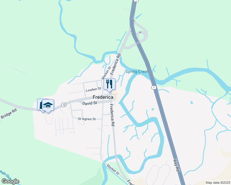 map of restaurants, bars, coffee shops, grocery stores, and more near 50 David Street in Frederica