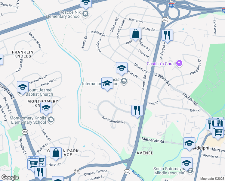 map of restaurants, bars, coffee shops, grocery stores, and more near in Silver Spring