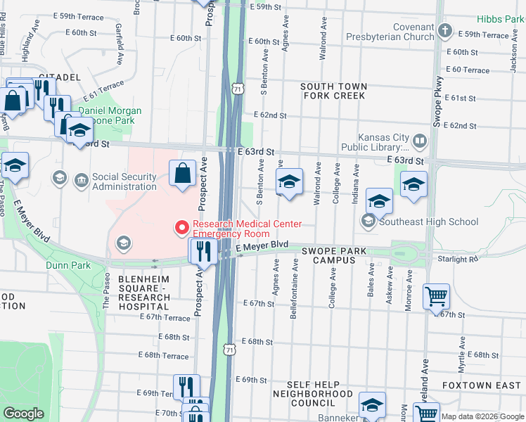 map of restaurants, bars, coffee shops, grocery stores, and more near 6441 South Benton Avenue in Kansas City