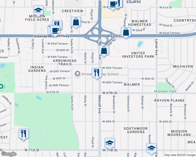 map of restaurants, bars, coffee shops, grocery stores, and more near 6612 Metcalf Avenue in Mission
