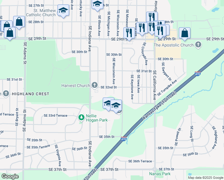 map of restaurants, bars, coffee shops, grocery stores, and more near 3229 Southeast Minnesota Avenue in Topeka