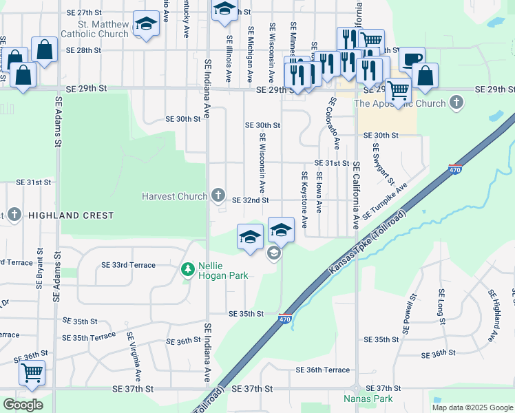 map of restaurants, bars, coffee shops, grocery stores, and more near 3229 Southeast Minnesota Avenue in Topeka