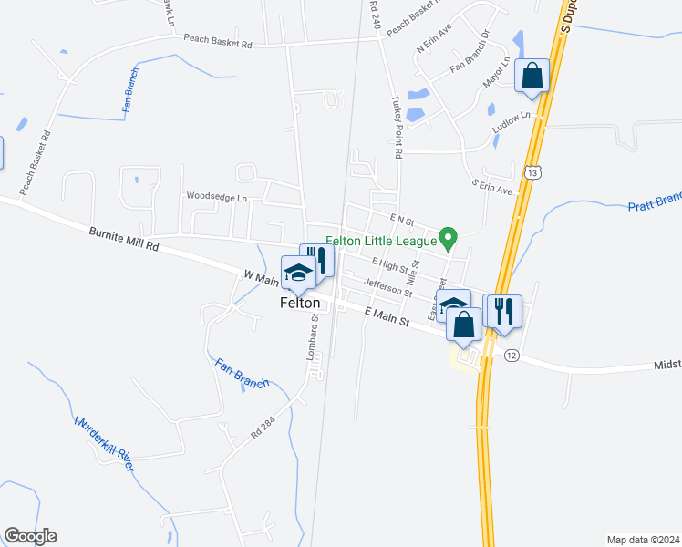 map of restaurants, bars, coffee shops, grocery stores, and more near East Railroad Avenue in Felton