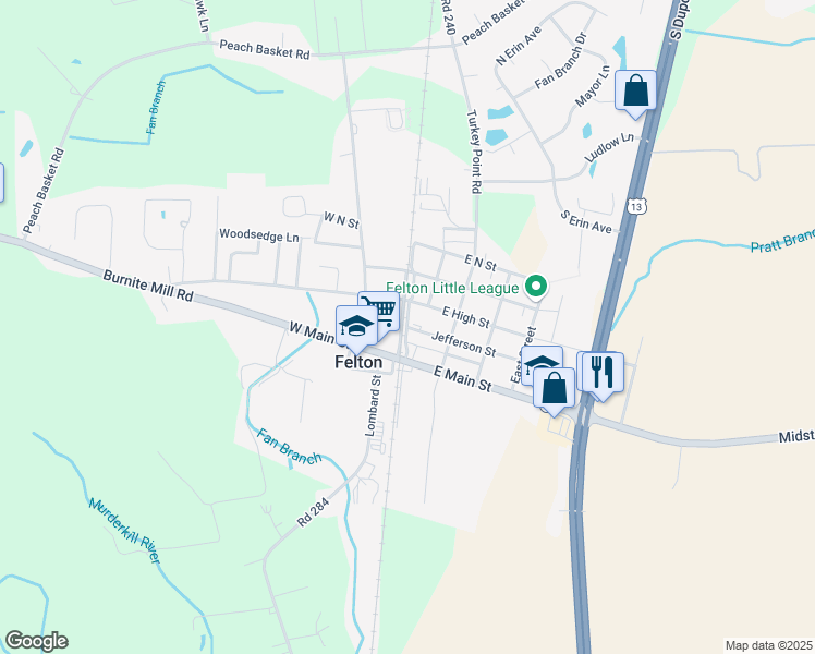 map of restaurants, bars, coffee shops, grocery stores, and more near East Railroad Avenue in Felton