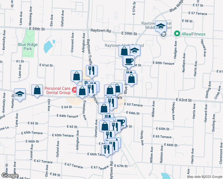 map of restaurants, bars, coffee shops, grocery stores, and more near in Raytown