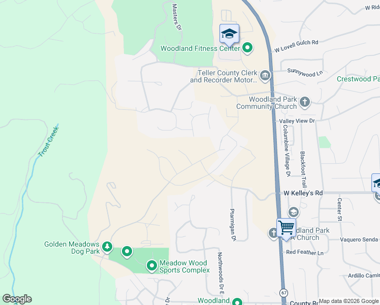 map of restaurants, bars, coffee shops, grocery stores, and more near 849 Research Drive in Woodland Park