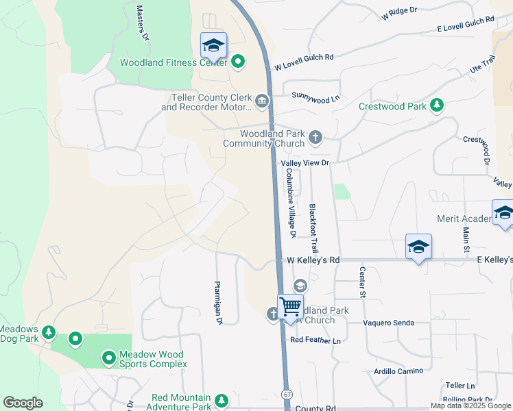 map of restaurants, bars, coffee shops, grocery stores, and more near 1600 Colorado 67 in Woodland Park