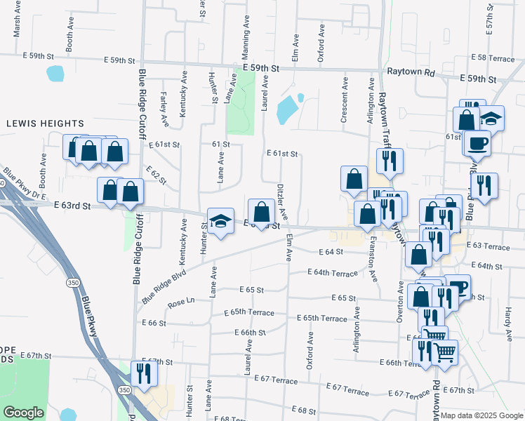 map of restaurants, bars, coffee shops, grocery stores, and more near 9110 East 63rd Street in Raytown