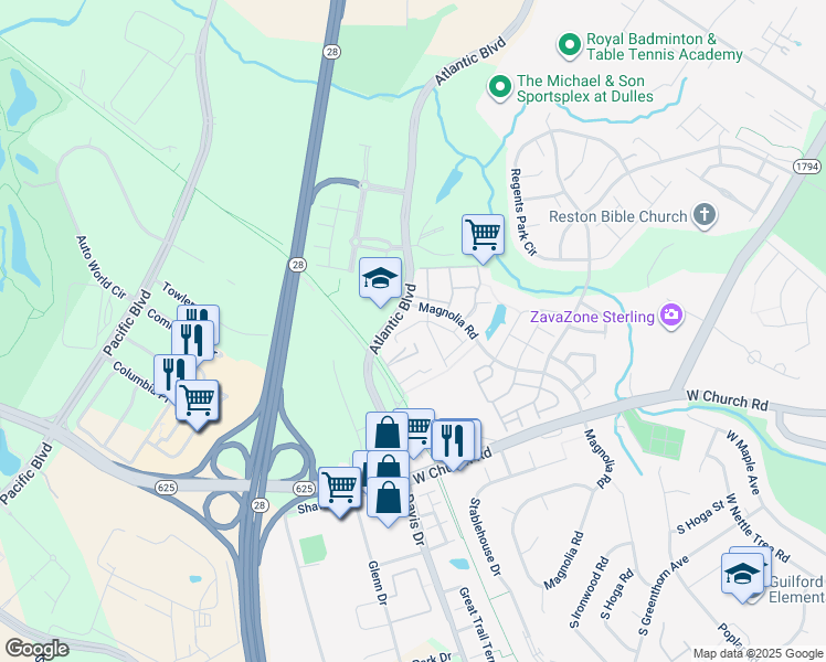 map of restaurants, bars, coffee shops, grocery stores, and more near 45439 Baggett Terrace in Sterling