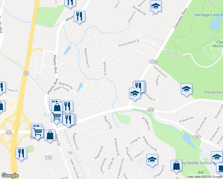 map of restaurants, bars, coffee shops, grocery stores, and more near 45656 Waterloo Station Square in Sterling