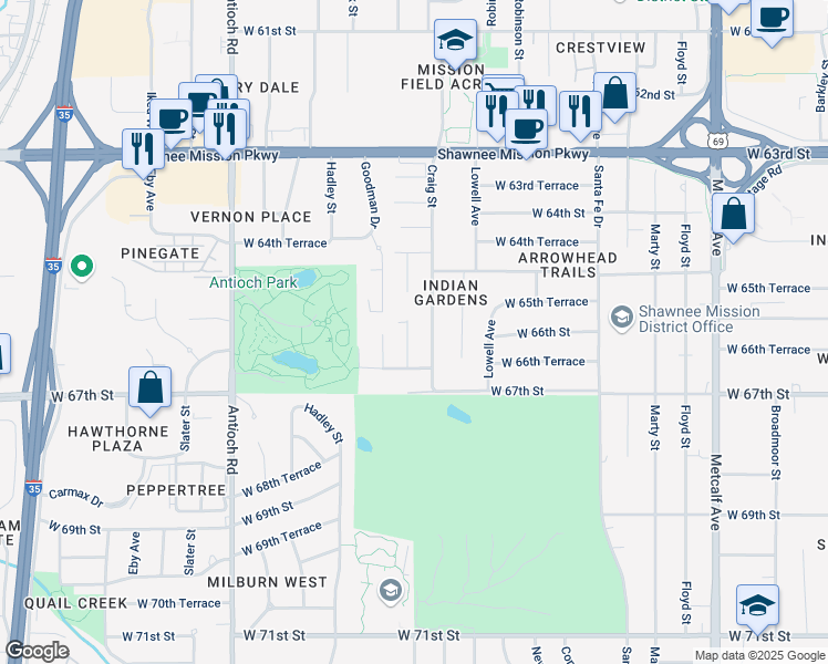map of restaurants, bars, coffee shops, grocery stores, and more near 6630 Hardy Street in Merriam