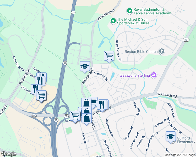 map of restaurants, bars, coffee shops, grocery stores, and more near 45473 Baggett Terrace in Sterling