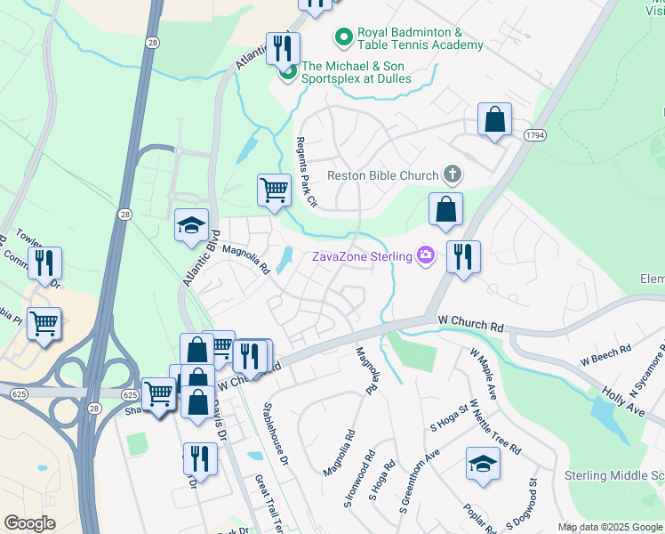 map of restaurants, bars, coffee shops, grocery stores, and more near 45584 Trestle Terrace in Sterling