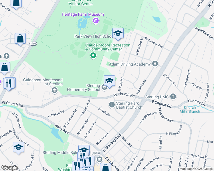 map of restaurants, bars, coffee shops, grocery stores, and more near 200 West Church Road in Sterling