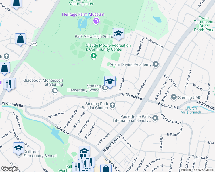 map of restaurants, bars, coffee shops, grocery stores, and more near 200 West Church Road in Sterling