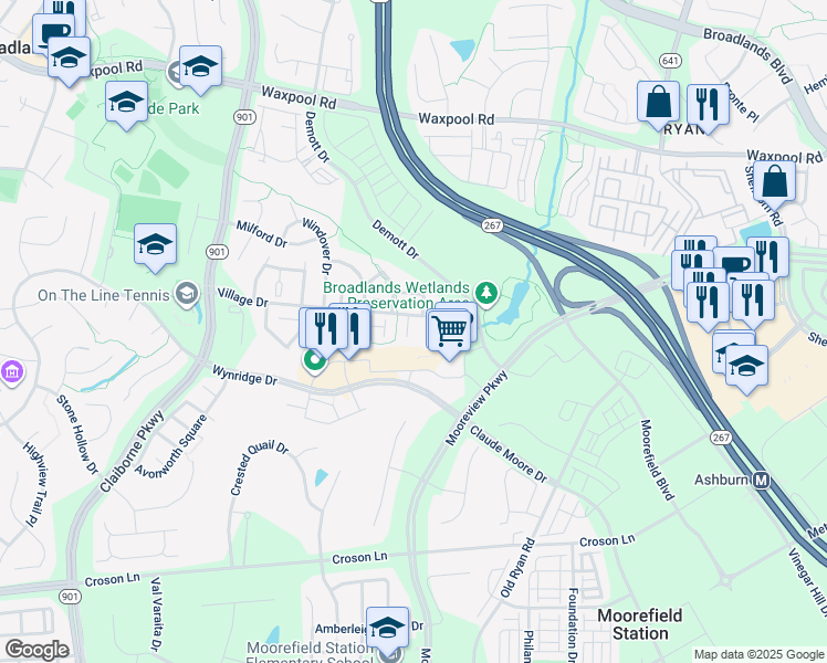 map of restaurants, bars, coffee shops, grocery stores, and more near 21942 Bramblebush Terrace in Broadlands