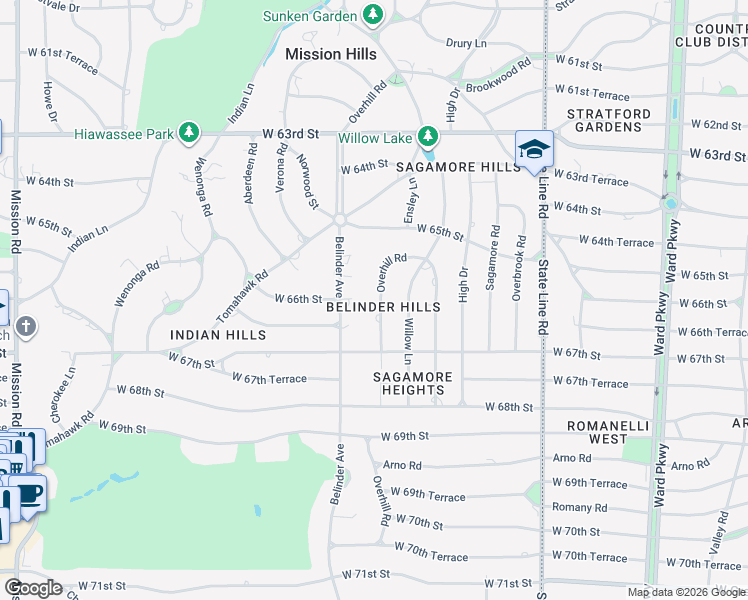 map of restaurants, bars, coffee shops, grocery stores, and more near 6615 Belinder Avenue in Mission Hills