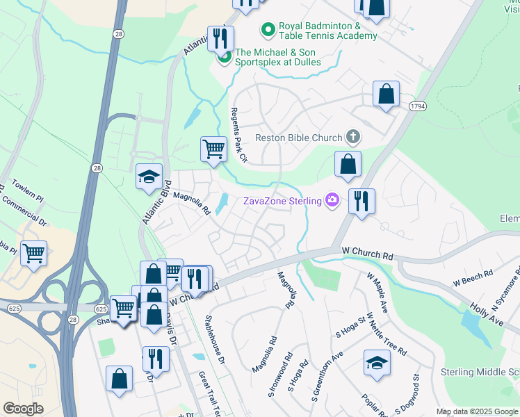 map of restaurants, bars, coffee shops, grocery stores, and more near 45584 Trestle Terrace in Sterling