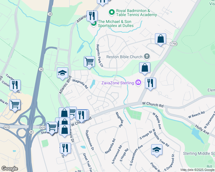 map of restaurants, bars, coffee shops, grocery stores, and more near 45582 Trestle Terrace in Sterling