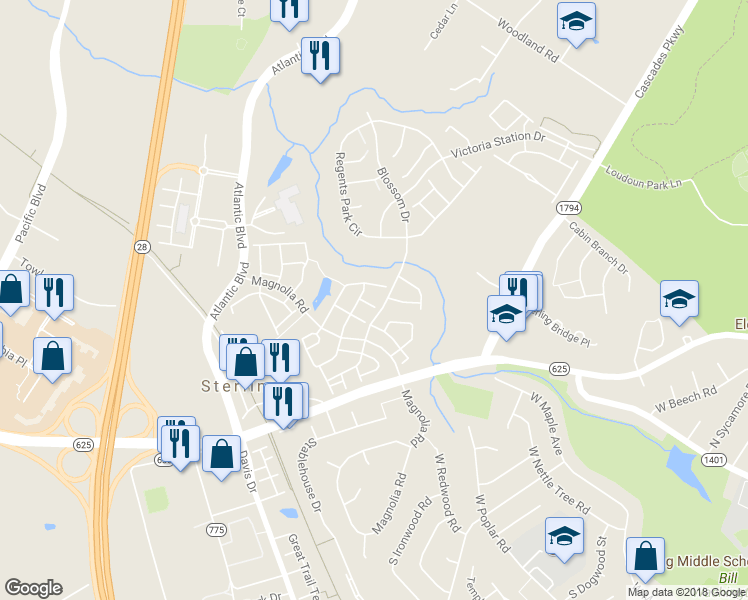 map of restaurants, bars, coffee shops, grocery stores, and more near 45582 Trestle Terrace in Sterling