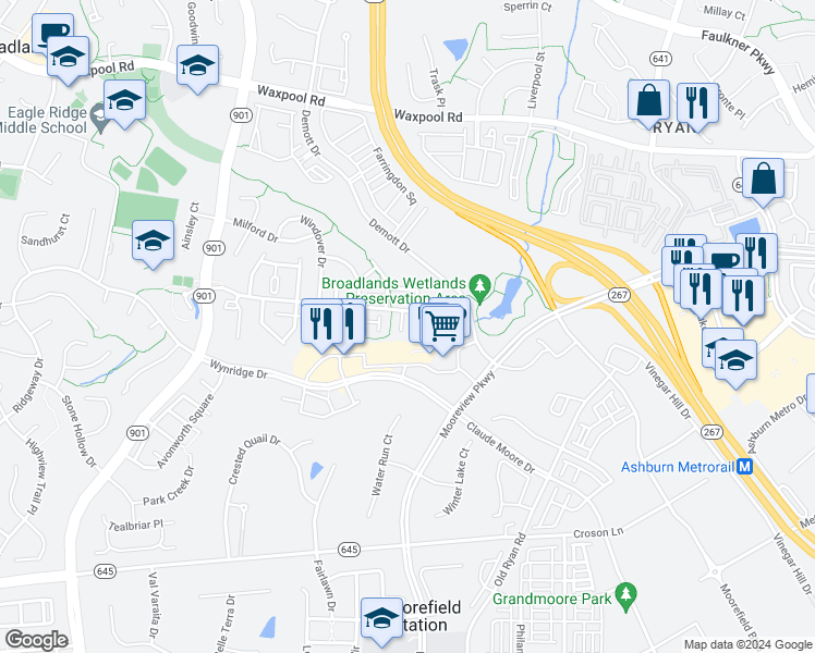 map of restaurants, bars, coffee shops, grocery stores, and more near 21942 Bramblebush Terrace in Broadlands
