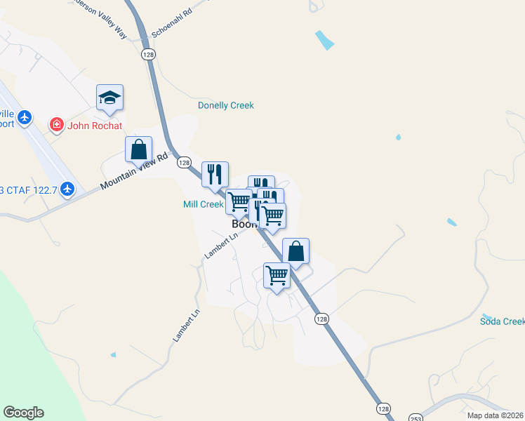 map of restaurants, bars, coffee shops, grocery stores, and more near 14161 California 128 in Boonville