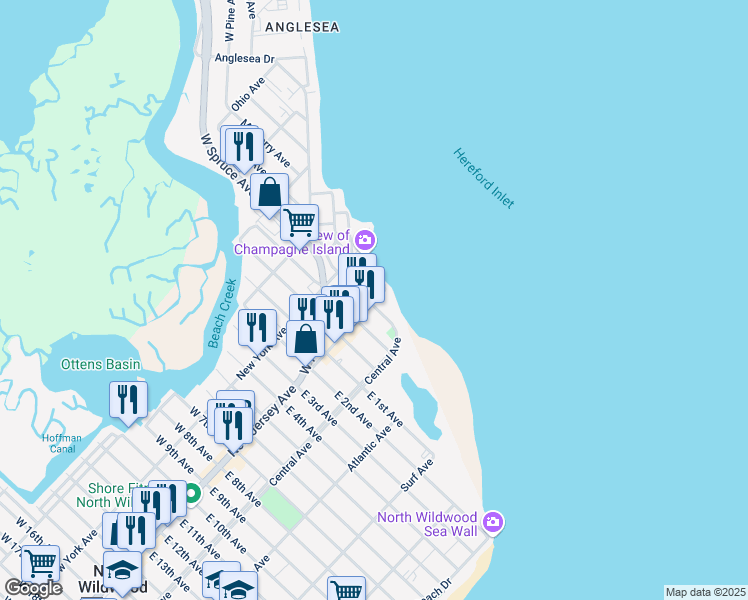 map of restaurants, bars, coffee shops, grocery stores, and more near 112 East Spruce Avenue in North Wildwood
