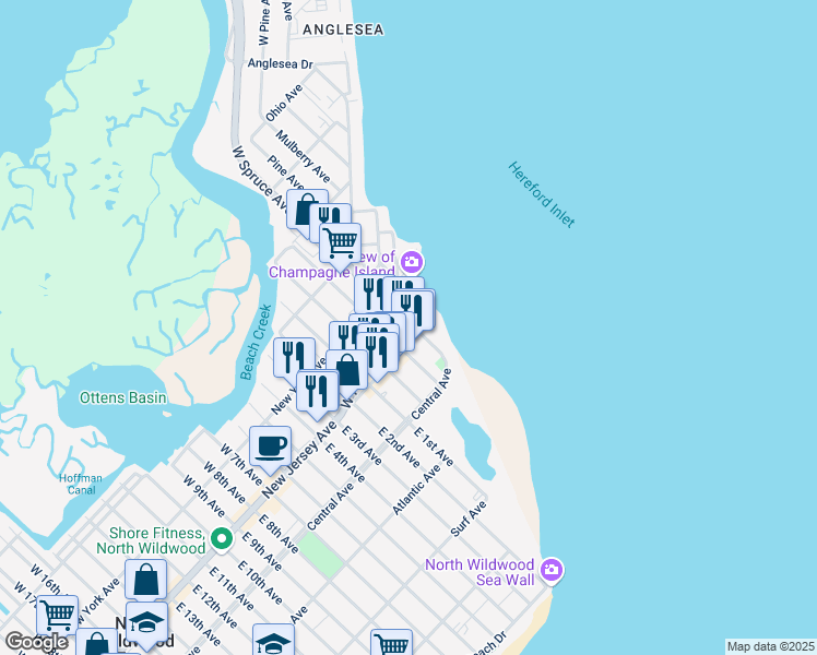 map of restaurants, bars, coffee shops, grocery stores, and more near 106 West Spruce Avenue in North Wildwood