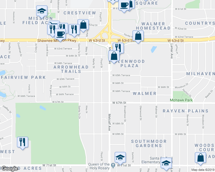 map of restaurants, bars, coffee shops, grocery stores, and more near 6612 Metcalf Avenue in Mission