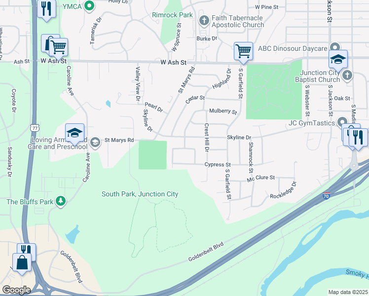 map of restaurants, bars, coffee shops, grocery stores, and more near 1502 Highland Drive in Junction City