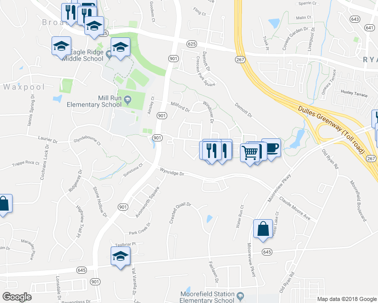 map of restaurants, bars, coffee shops, grocery stores, and more near 21948 Windy Oaks Square in Ashburn