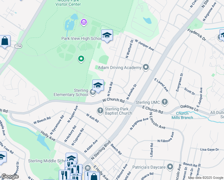 map of restaurants, bars, coffee shops, grocery stores, and more near 702 North York Road in Sterling