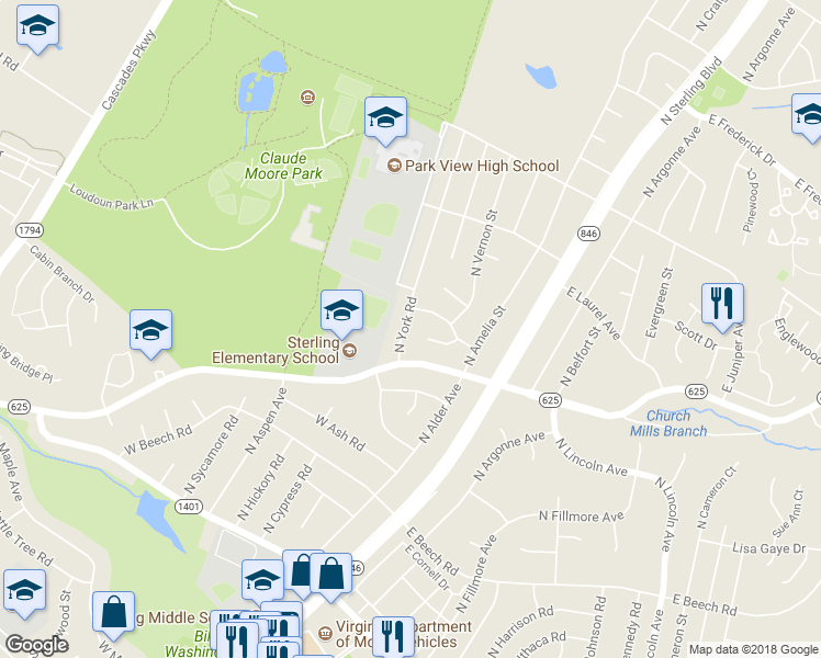 map of restaurants, bars, coffee shops, grocery stores, and more near 702 North York Road in Sterling