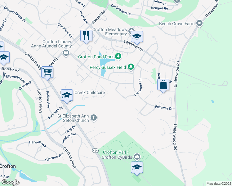 map of restaurants, bars, coffee shops, grocery stores, and more near 1716 Denton Court in Crofton